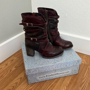 Freebird by Steven Burgundy Leather Strappy Ankle Boots